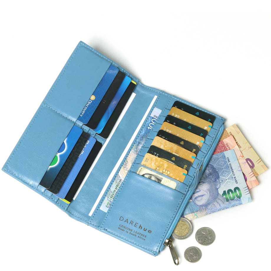 Large Slim Ladies Leather Wallet (17 card slots) | sky blue